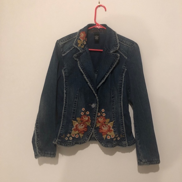 Floral Embroidered Denim Jean Jacket Bohemian Colorful Y2K Kikit Jeans sz Large - Picture 3 of 10